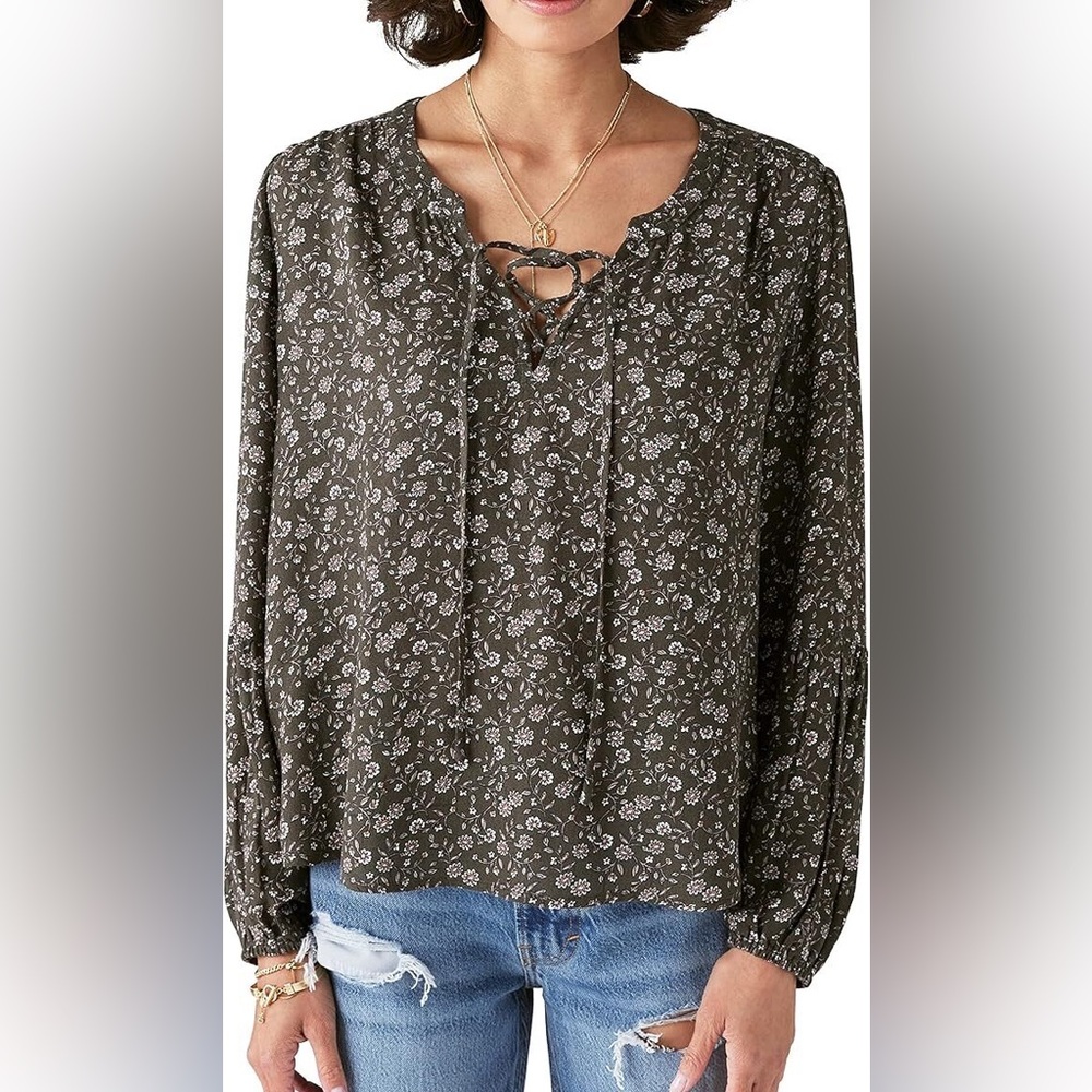 Lucky Brand Womens Floral Printed Lace-up Blouse - Large